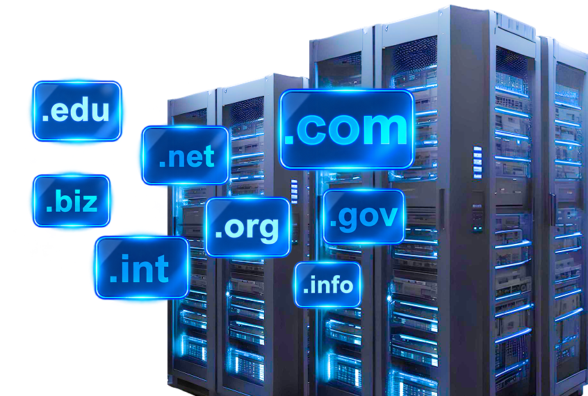 Server racks with floating domain extensions including .com, .net, .org, and .edu