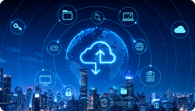 Global cloud network glowing over a city skyline